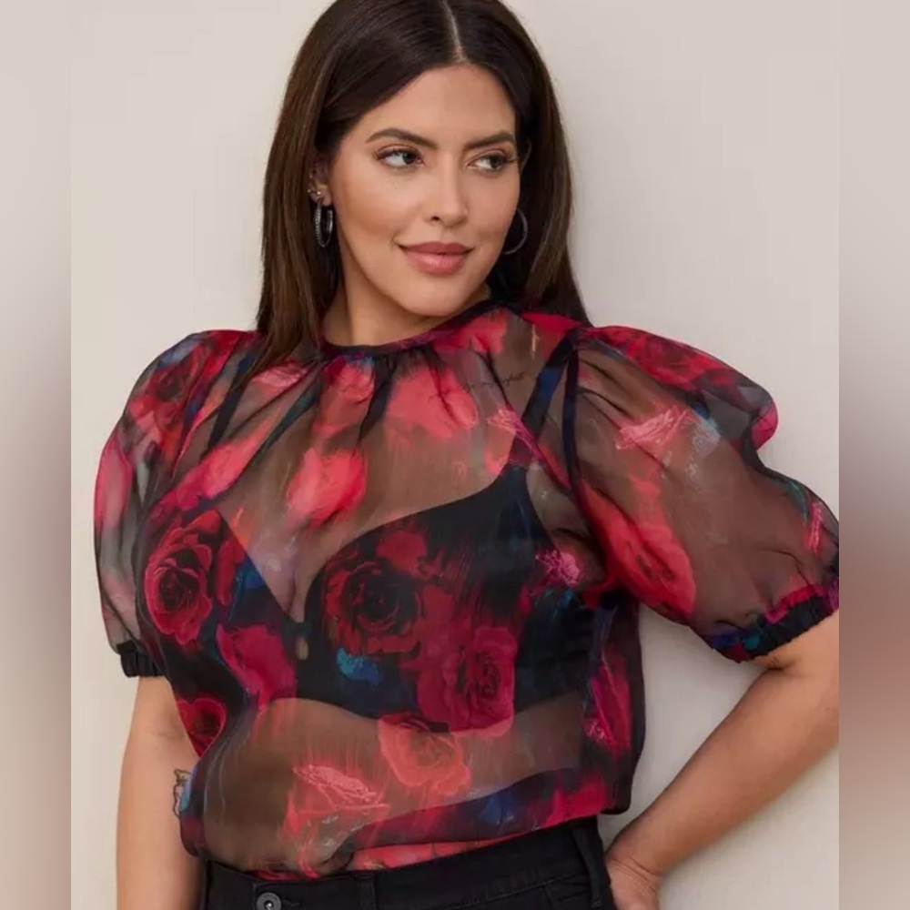 Torrid Sheer Organza Floral Puff-Sleeve Blouse - Pink/Red/Black/Blue - 2X